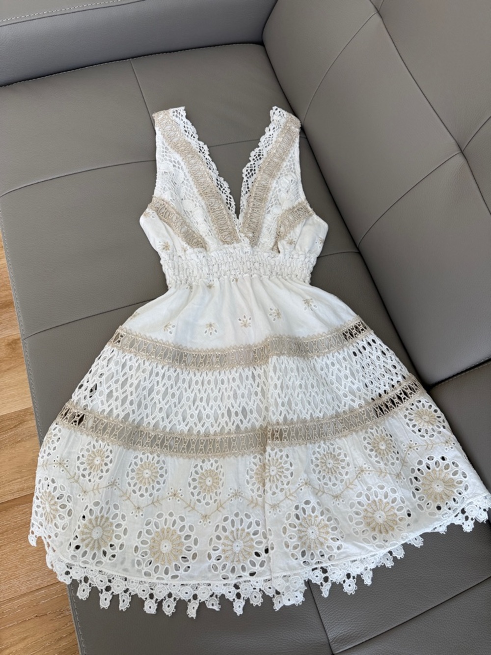 TEMPTATION POSITANO White Eyelet Lace Mini Dress with Gold Trim - Small - NWT